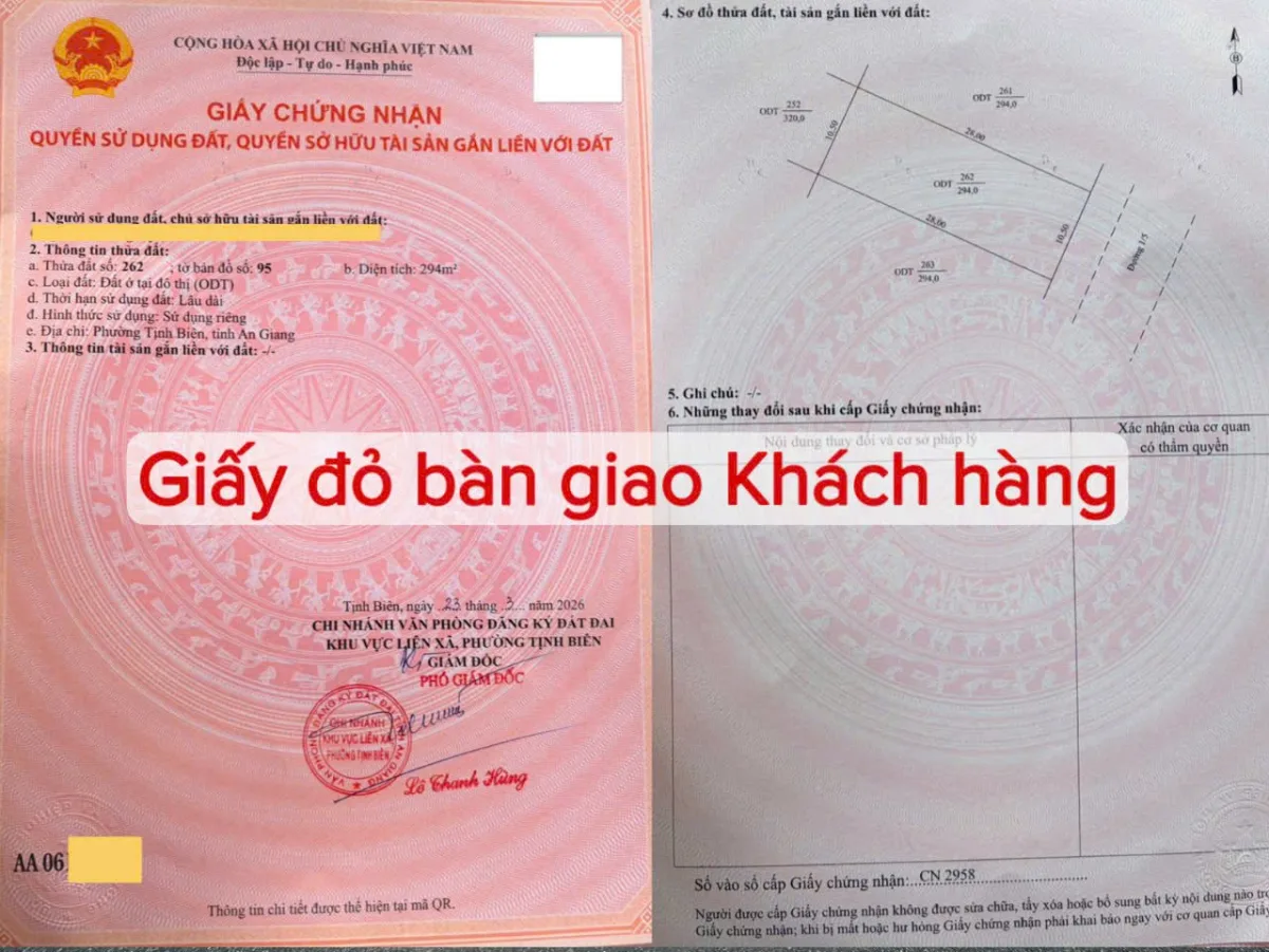 Giấy chứng nhận quyền sử dụng đất (sổ đỏ) – Khu đô thị Sao Mai Tịnh Biên - An Giang